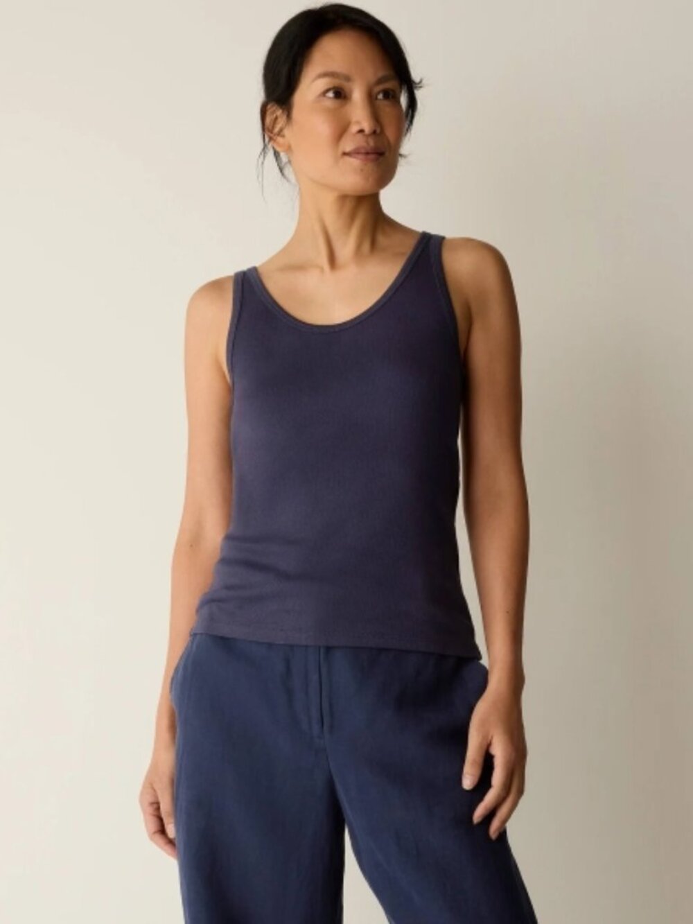 NWT Eileen Fisher Scoop Neck Cotton Jersey Slim Tank Nocturne Navy Small